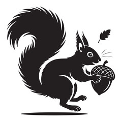 squirrel with bushy tail holding a nut Vector black silhouette. with white background