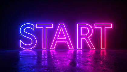 Neon glowing text START on dark backdrop.