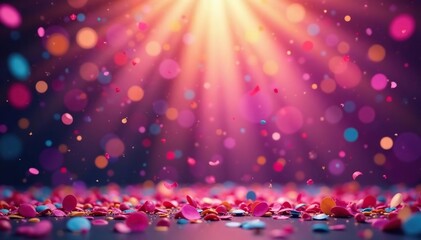 Vibrant confetti bursts against a blurred celebratory backdrop , colorful backdrop, happy, fun