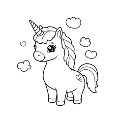 Cute Winged Unicorn Coloring Page. Vector illustration.