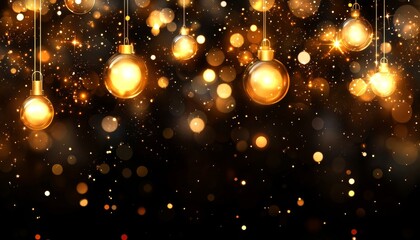 Obraz premium Golden Christmas Baubles Hanging on a Sparkling Black Background, Festive Holiday Decoration