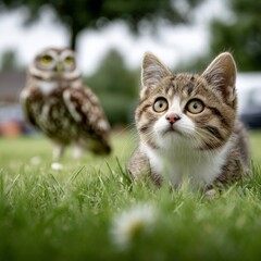 Obraz premium Curious Kitten Gazing Upward with a Blurred Owl Perched in the Background on a Green Lawn