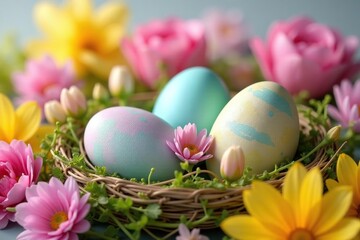 Fototapeta premium Colorful Easter eggs nestled in a spring flower arrangement Pastel colors, spring, celebration , rabbit, hyacinth