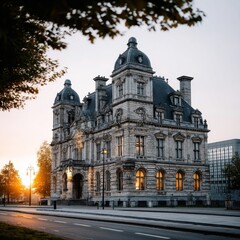 Obraz premium Grand Facade: Capturing the architectural beauty of a historic building at sunset, Antwerp, Belgium