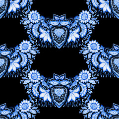 Seamless pattern on a black background. Hand drawn floral garlands from blue Watercolor painted leaves and flowers 