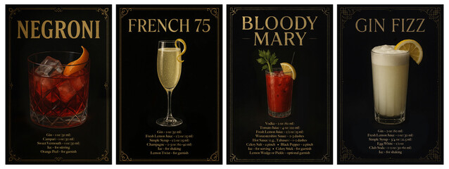 Negroni, French 75, Bloody Mary, and Gin Fizz cocktails with ingredients on vintage black background. Studio cocktail poster with elegant golden typography and recipe. Moody dark chic luxury style