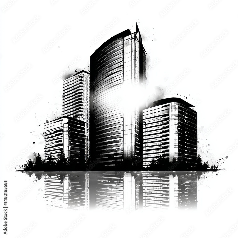 Poster modern cityscape reflection: black and white architectural ink drawing with trees on a white backgro