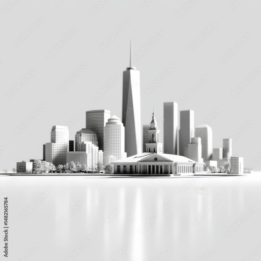 Poster monochrome marvel: a minimalist architectural rendering of a cityscape featuring modern skyscrapers 
