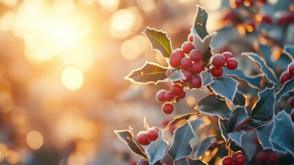 Frost-covered holly berries glinting in the soft glow of winter sunlight, Generative AI