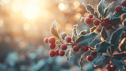 Frost-covered holly berries glinting in the soft glow of winter sunlight, Generative AI