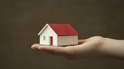 Hand holding a miniature model house with red roof and cream walls, symbolising home ownership and real estate investment.