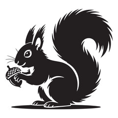 squirrel with bushy tail holding a nut Vector black silhouette. with white background