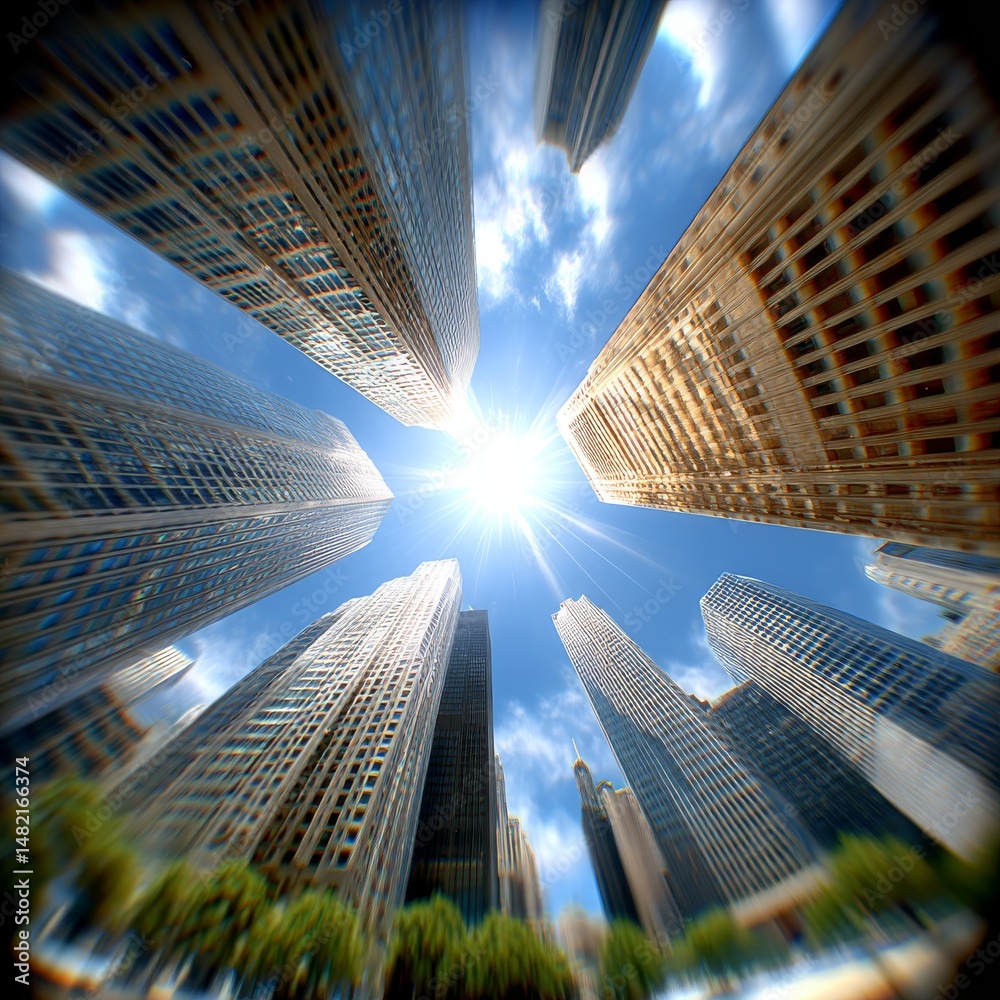 Aufkleber skyscrapers reaching for the sky: a view from below with sunlight and blurred perspective for artist