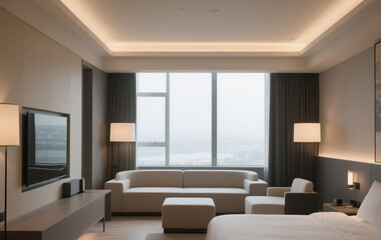 Modern hotel interior with large windows, and soft lighting.