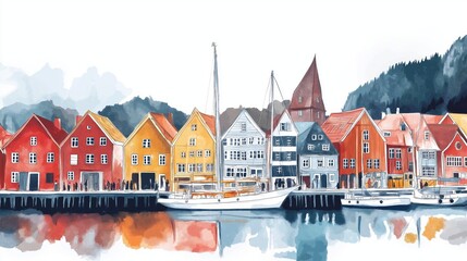 Bryggen Wharf. Bryggen Wharf hand drawn watercolor illustration