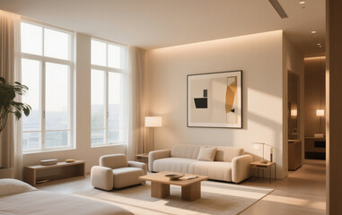 Fototapeta premium Modern hotel interior with large windows, and soft lighting.