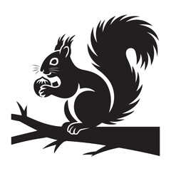 squirrel with bushy tail holding a nut Vector black silhouette. with white background