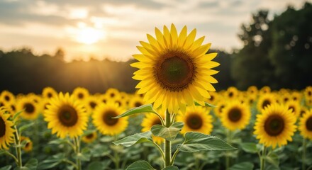 Obraz premium Sunflower field representing summer abundance and joy, with golden sunset light