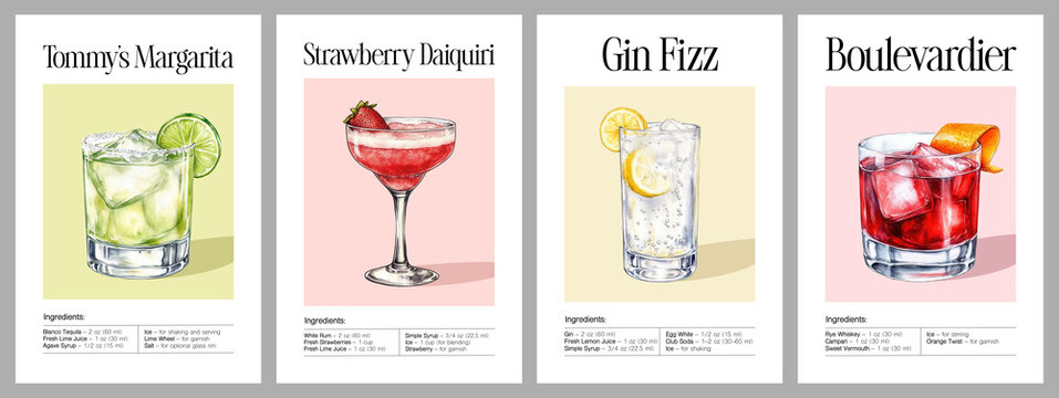 Set of four watercolor cocktail illustrations recipe poster: Tommy’s Margarita with lime garnish, Strawberry Daiquiri, Gin Fizz with lemon slice and bubbles, Boulevardier