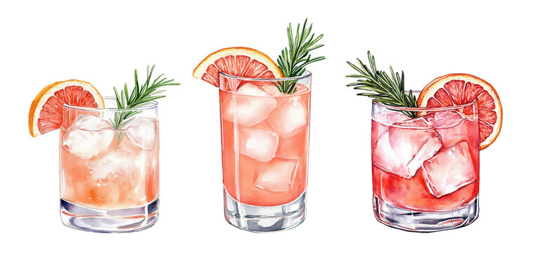 Three Paloma cocktails with ice and grapefruit slices in highball and rocks glasses. Watercolor illustration of tequila-based pink drinks with salt rim and rosemary garnish