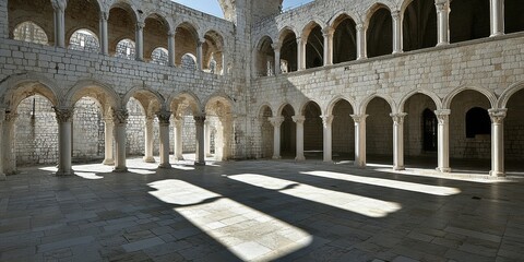 Naklejka premium Ancient Stone Monastery Courtyard Sunny Day Architecture Columns old old grey ruins light white