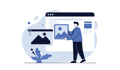 Web design and development concept with illustrated character creating content