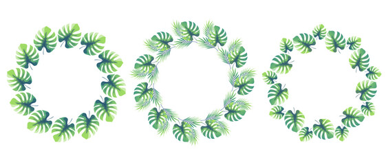 simple drawn tropical monstera leaves and palm branches round frames, big set of round frames with leaves for your postcard design, invitation…