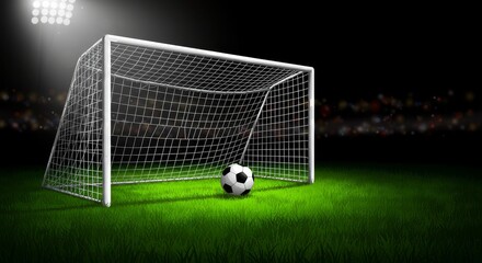 Pixel Art Illustration of Soccer Ball Near Goal in Stadium at Night