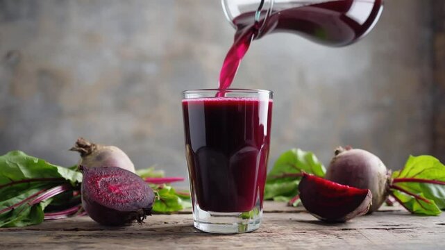 Pouring beetroot juice from a jug into a glass with a slice of beetroot. 