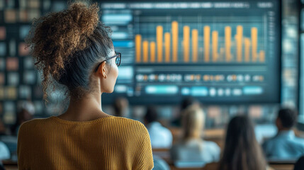 Woman attendee looking at financial presentation on large screen.