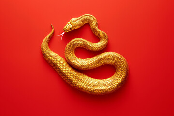 Fototapeta premium A beautiful golden snake, perfectly posed against a bold red background in a studio setting. Generative AI