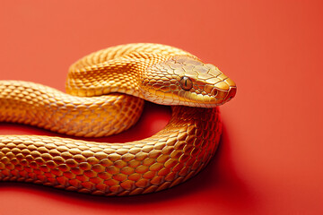Fototapeta premium A beautiful golden snake, perfectly posed against a bold red background in a studio setting. Generative AI