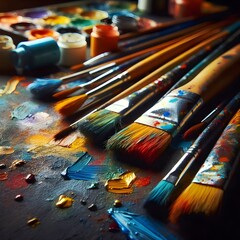 Fototapeta premium Closeup of Colorful Paintbrushes with Paint on a Dark Surface