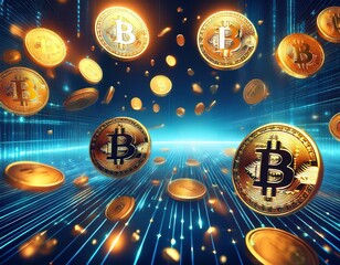 Fliegende goldene Bitcoin-Münzen auf einem abstrakten blauen Technologie-Hintergrund