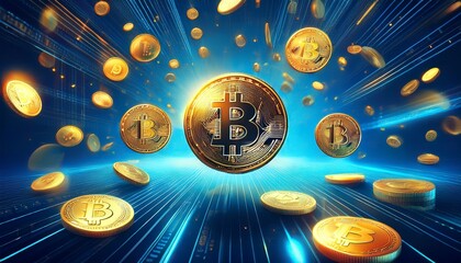 Fliegende goldene Bitcoin-Münzen auf einem abstrakten blauen Technologie-Hintergrund