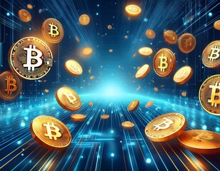 Fliegende goldene Bitcoin-Münzen auf einem abstrakten blauen Technologie-Hintergrund