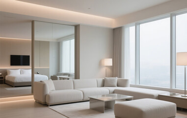 Fototapeta premium Modern hotel interior with large windows, and soft lighting.
