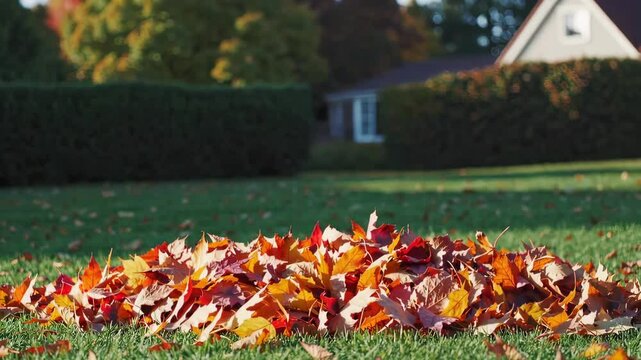 Pile of autumn leaves swirling in backyard with sunlight, vibrant seasonal motion scene symbolizing fall cleanup, cozy yard work and nature transition