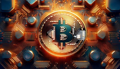 Goldene Bitcoin-Münze auf Computerplatine liegend – Symbol für digitale Währung
