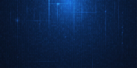 Vector Illustration design. Blue matrix binary datum code, grid pixel pattern background. 0 and 1 numbers of program code. Digital data futuristic technology, computer software programming concept