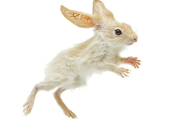 Adorable white rabbit jumping with expressive ears and bright eyes.