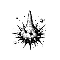 Stylized monochrome rendering of a spiky virus-like particle with surrounding dots