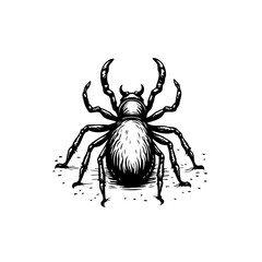 Monochrome depiction of a stylised beetle with prominent mandibles, standing out distinctly