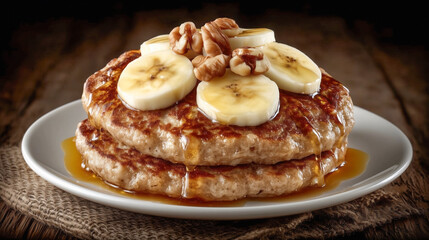 Delicious Pancake Delight: A tempting stack of golden pancakes, drizzled with sweet maple syrup and topped with slices of fresh banana and crunchy walnuts, served on a pristine white plate.