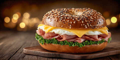Breakfast Bagel Delight: A mouthwatering close-up captures a meticulously crafted breakfast bagel.