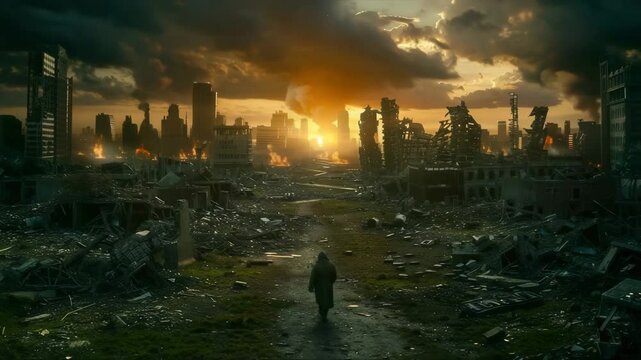 A lonely hero walking through a city destroyed