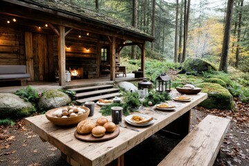 Fototapeta premium Rustic Cabin Feast: An inviting rustic wooden cabin nestled amidst lush forest foliage. A long table, laden with rustic tableware, awaits a cozy gathering.
