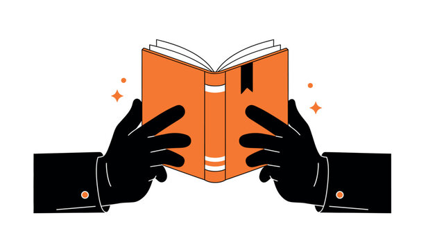 Hands holding open orange book with bookmark for reading and learning themes