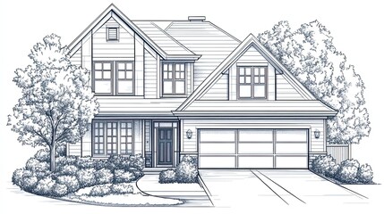 A neighborhood house in line art style, representing suburban homes in vector illustration.