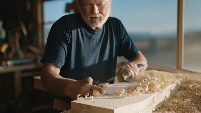Woodworking in a Maine garage with sawdust flying in the evening